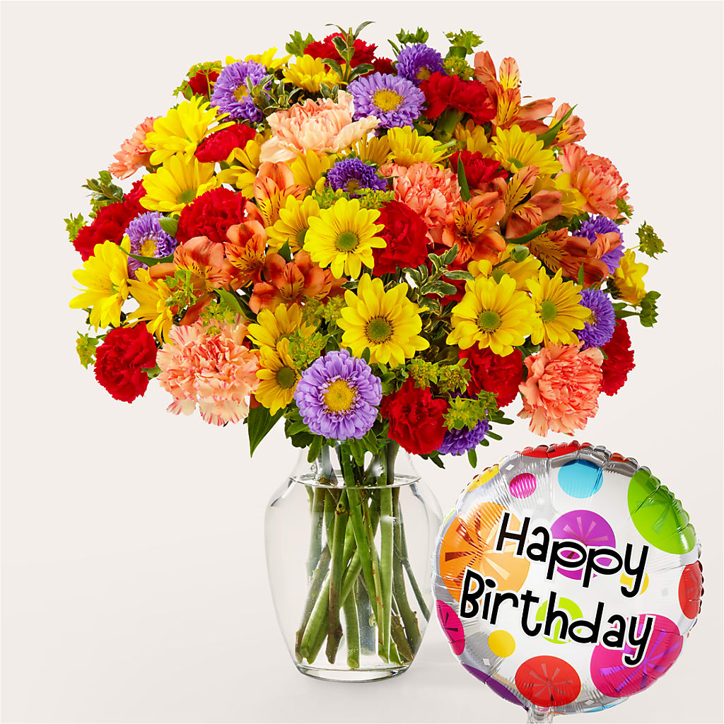 Kaleidoscope Bouquet with Birthday Balloon – VASEFUL FLOWERS & GIFTS, Princeton NJ