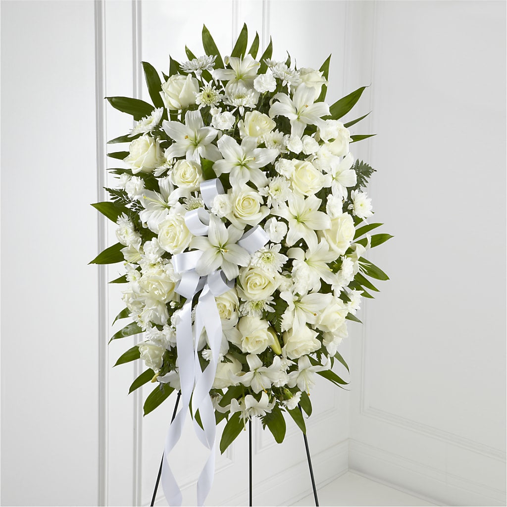 Exquisite Tribute Standing Spray-White Ribbon – VASEFUL FLOWERS & GIFTS, Princeton NJ