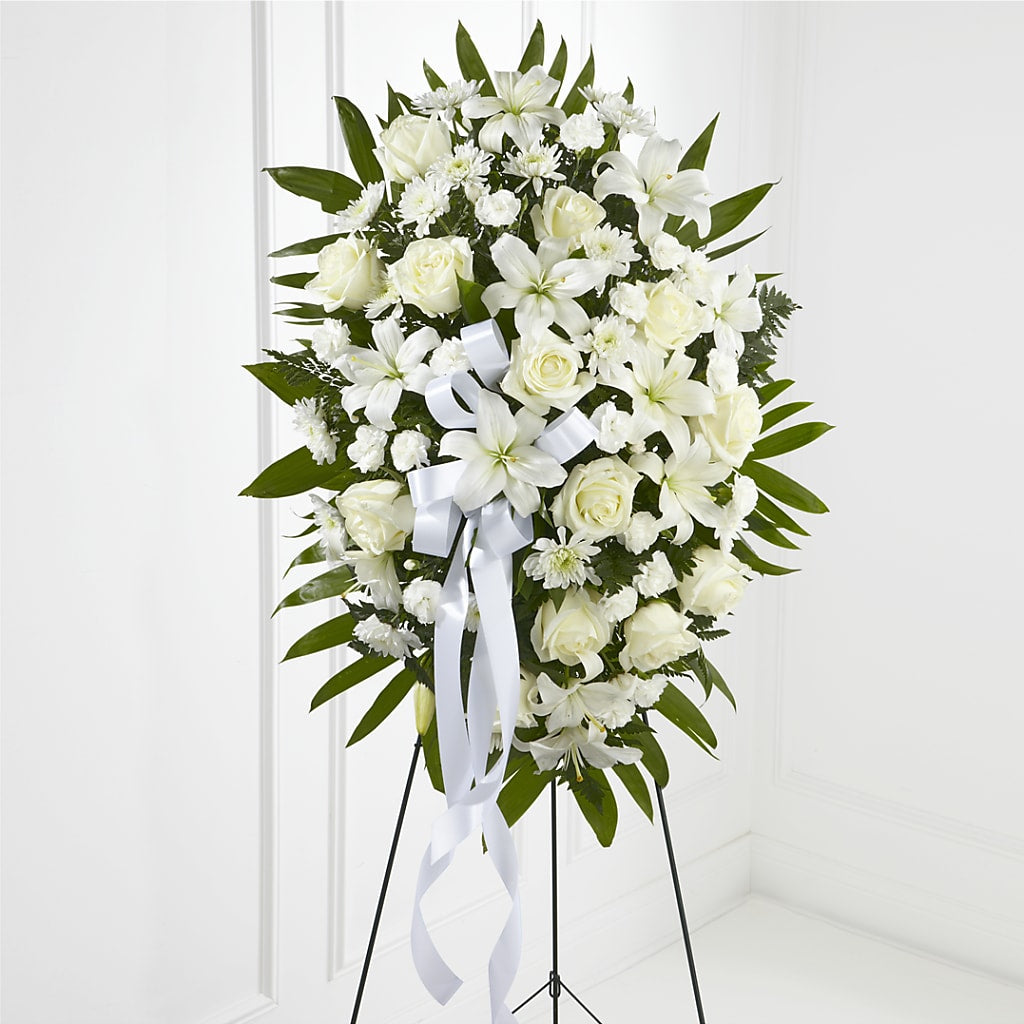 Exquisite Tribute Standing Spray-White Ribbon – VASEFUL FLOWERS & GIFTS, Princeton NJ