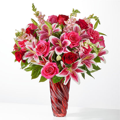 Always You Bouquet with Red Swirl Vase